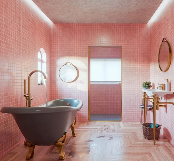baño con azulejos rosas
